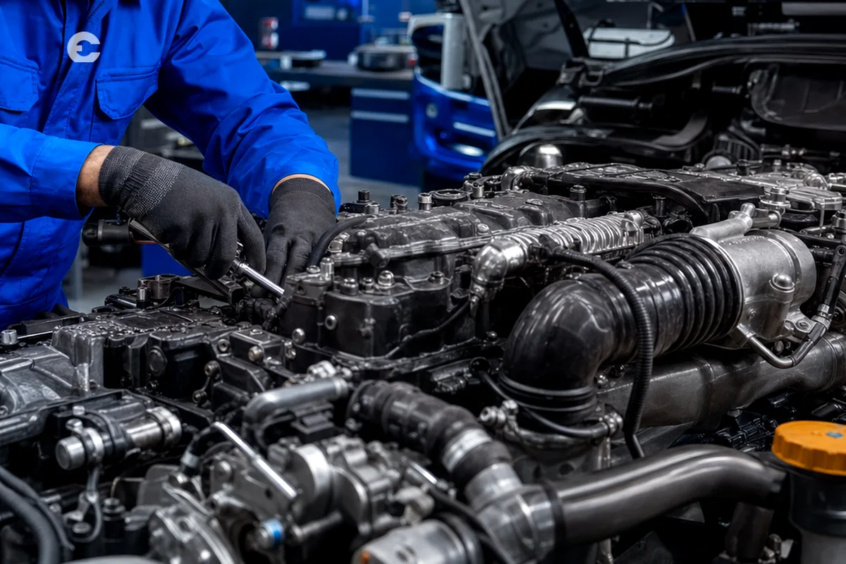 Detalhe técnico de motor diesel em manutenção com uniforme Eco Diesel