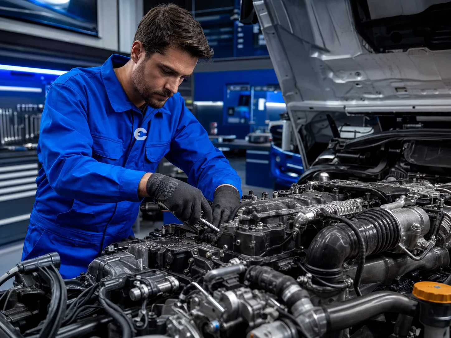 Mecânico da Eco Diesel com uniforme identificado trabalhando em motor diesel moderno